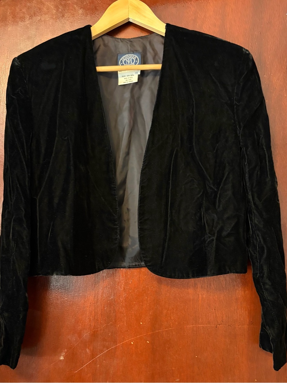 Jennifer Moore Black Velvet Open-Front Cropped Jacket
